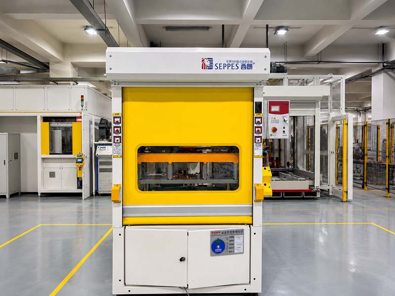Machine protection door structure with PVC curtain, aluminum frame, control box and safety devices