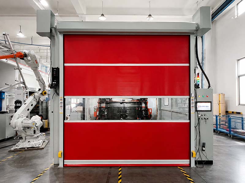 Red machine protection door with vision window for automated robotic equipment