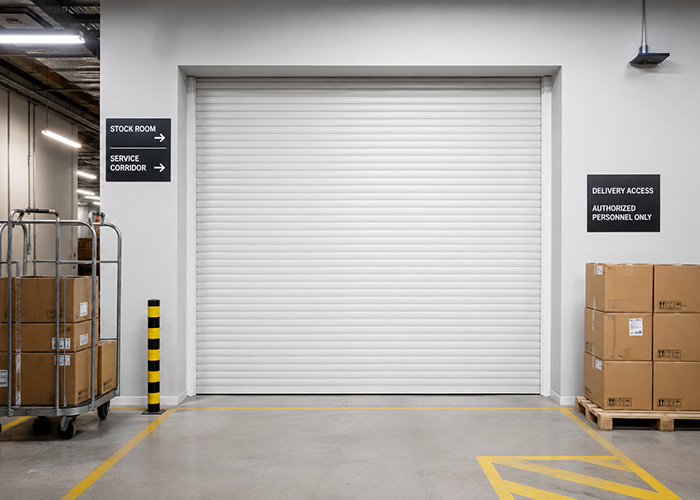 Electric roll up security door in a commercial back-of-house area