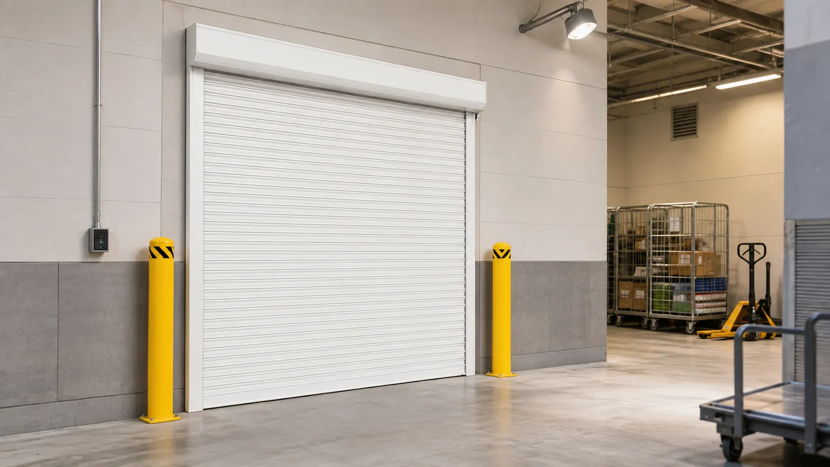 Metal rolling door beside carts in a back-of-house service area