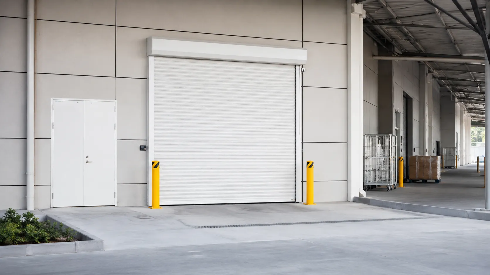 White rolling door at a covered loading and service entrance