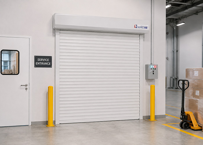 Motorized roller shutter door at a loading and service entrance