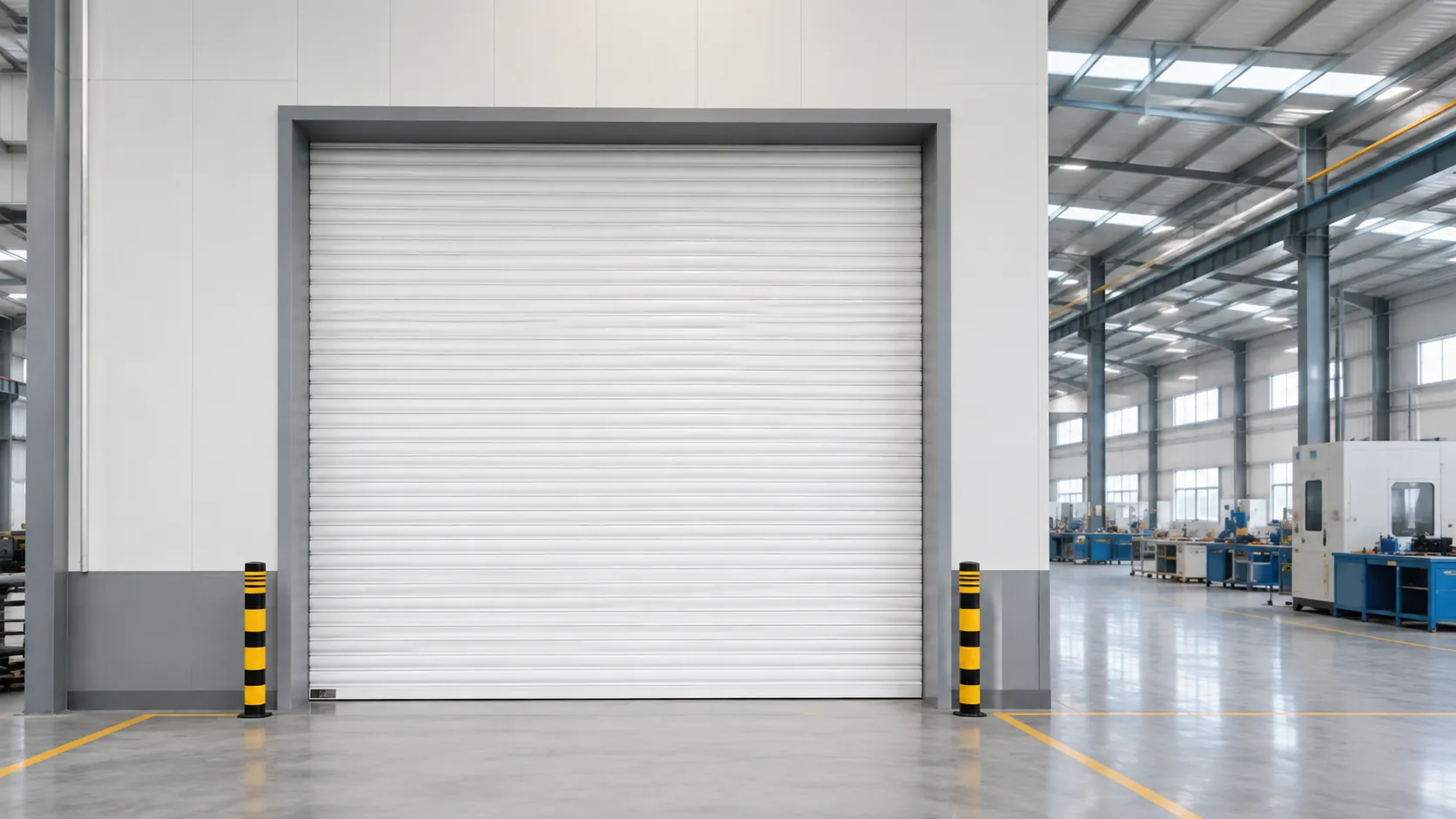 White rolling door installed inside a manufacturing workshop