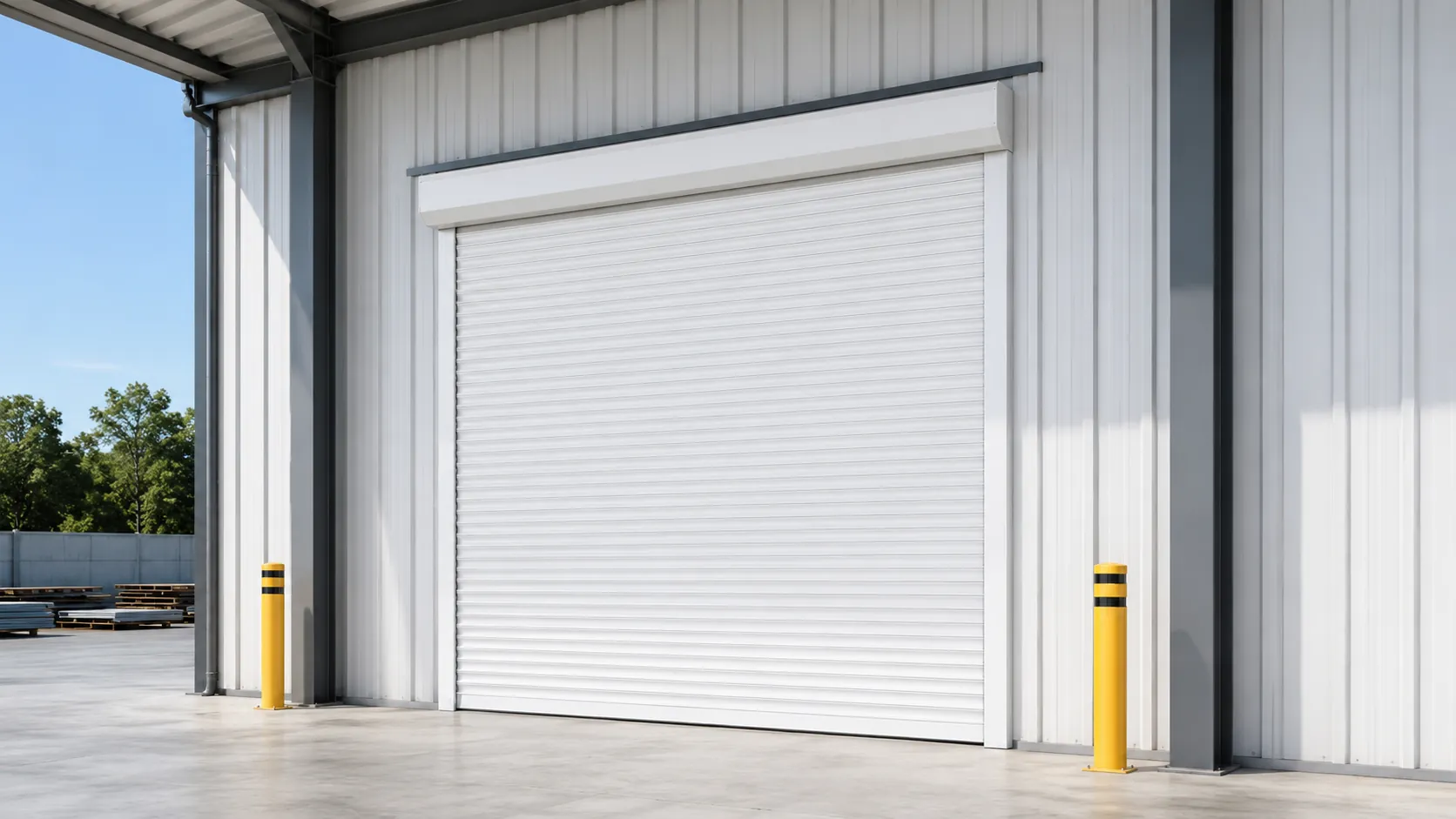 Rolling door installed in the exterior opening of a metal building