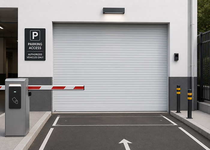 Electric roller shutter door at a controlled parking vehicle entrance