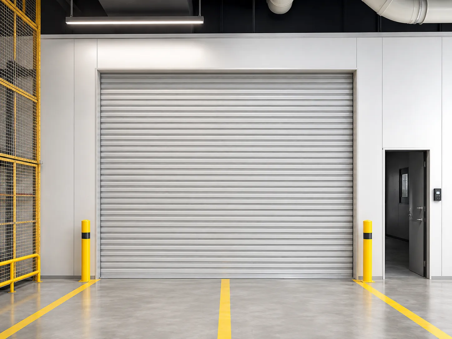 Steel roller door installed at an indoor warehouse vehicle access opening