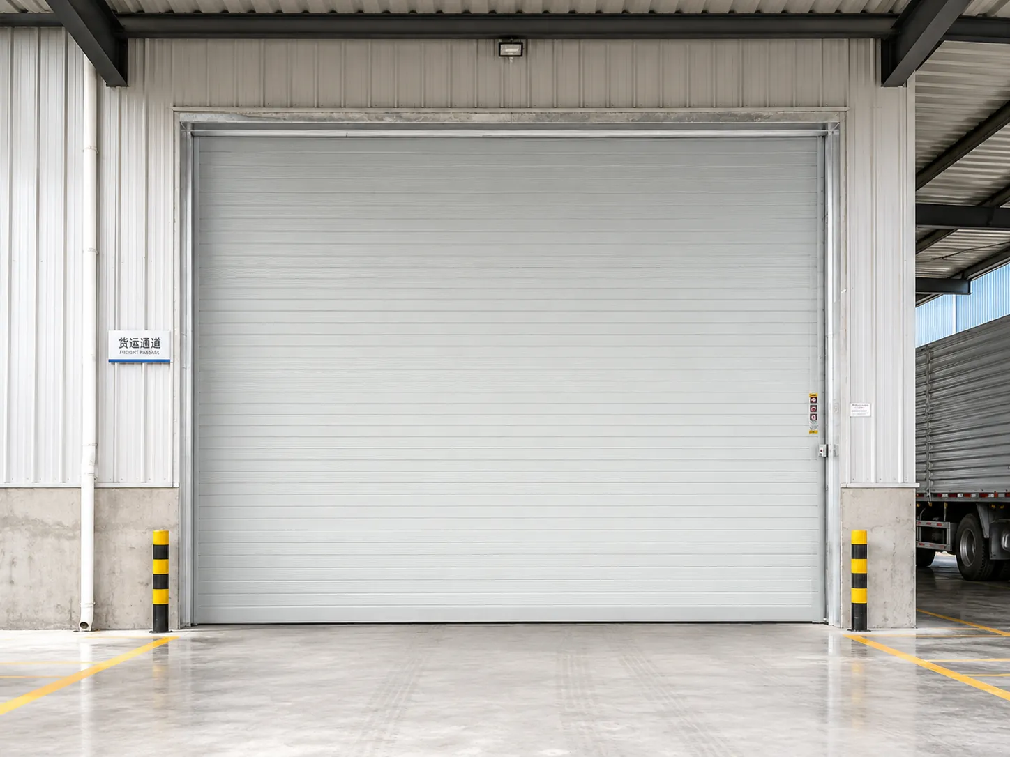 Steel roller door installed at a logistics freight passage with a loading vehicle nearby