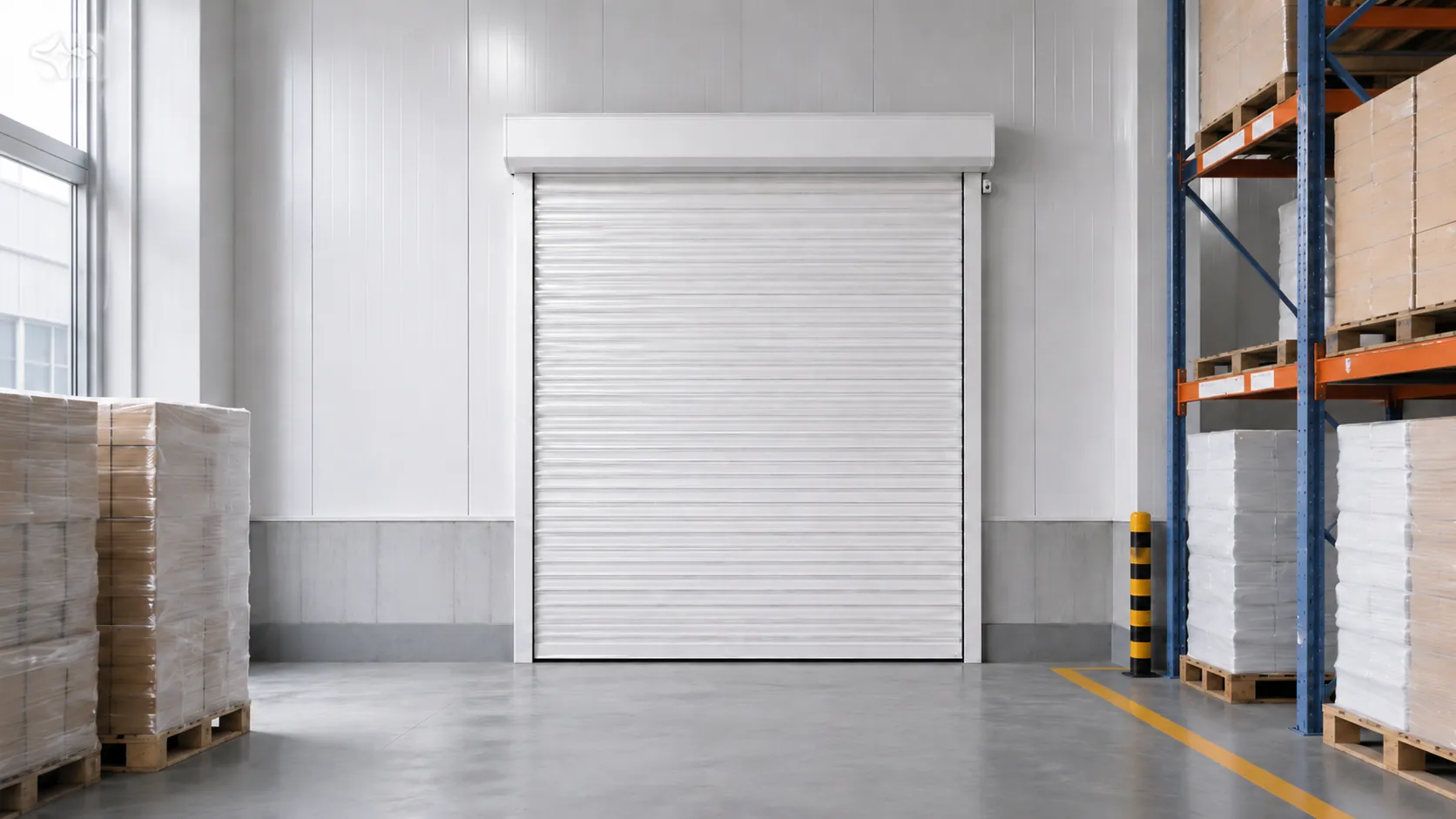 Rolling shutter beside palletized goods in a storage area