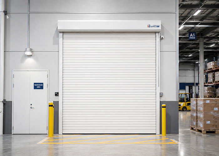 White electric roller shutter door at a warehouse logistics entrance