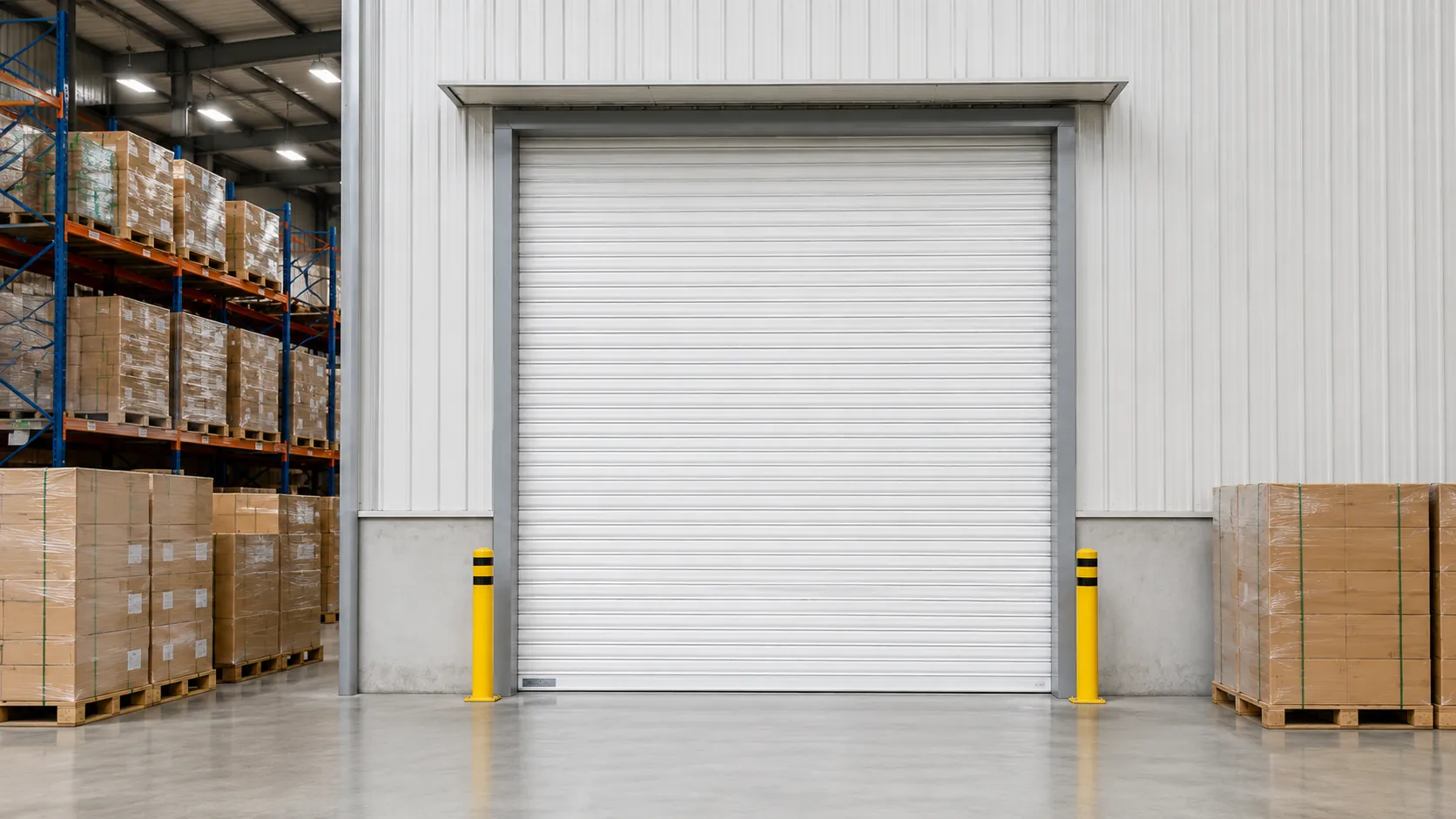 Closed metal rolling door beside pallet racking in a warehouse