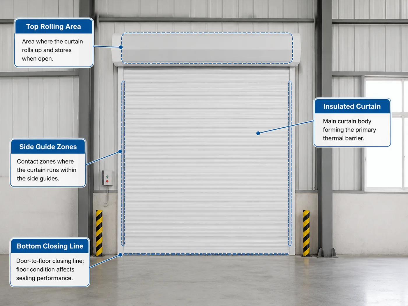 Annotated front view of an insulated roll up door showing the curtain, side guide zones, bottom closing line, and top rolling area