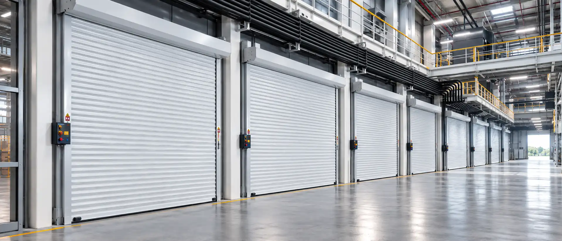 White roller shutter doors with control panels along an industrial aisle