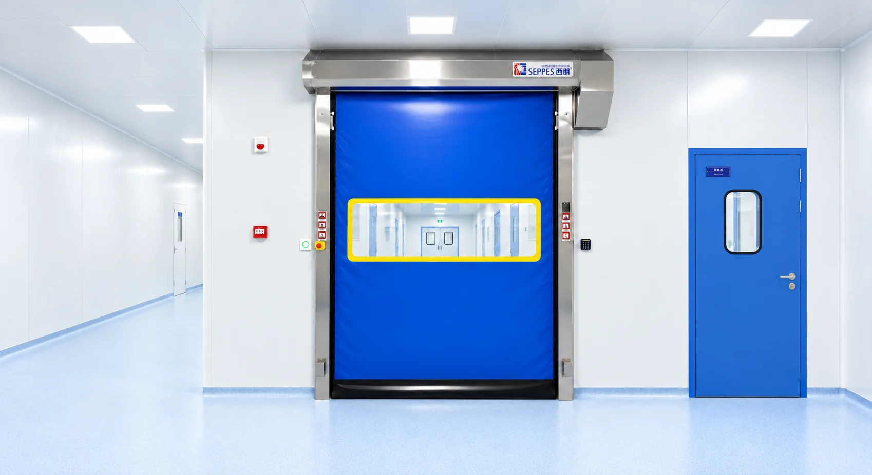 Blue self-repairing roll-up door with a clear vision window