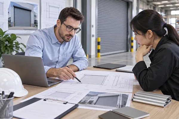 Engineers reviewing technical drawings and roller shutter quotation requirements for a custom industrial door project