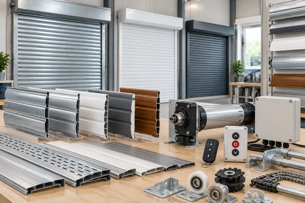 Steel and aluminum roller shutter door materials with motor and control components for custom door pricing