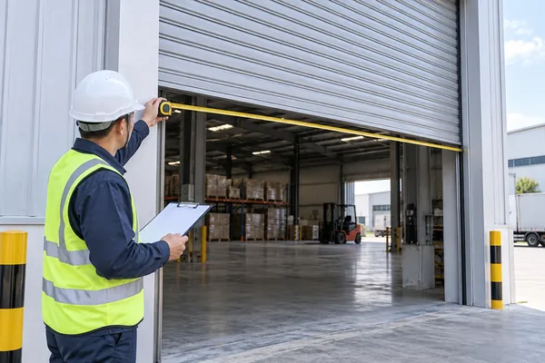 Technician measuring warehouse opening dimensions for a custom roller shutter door quotation