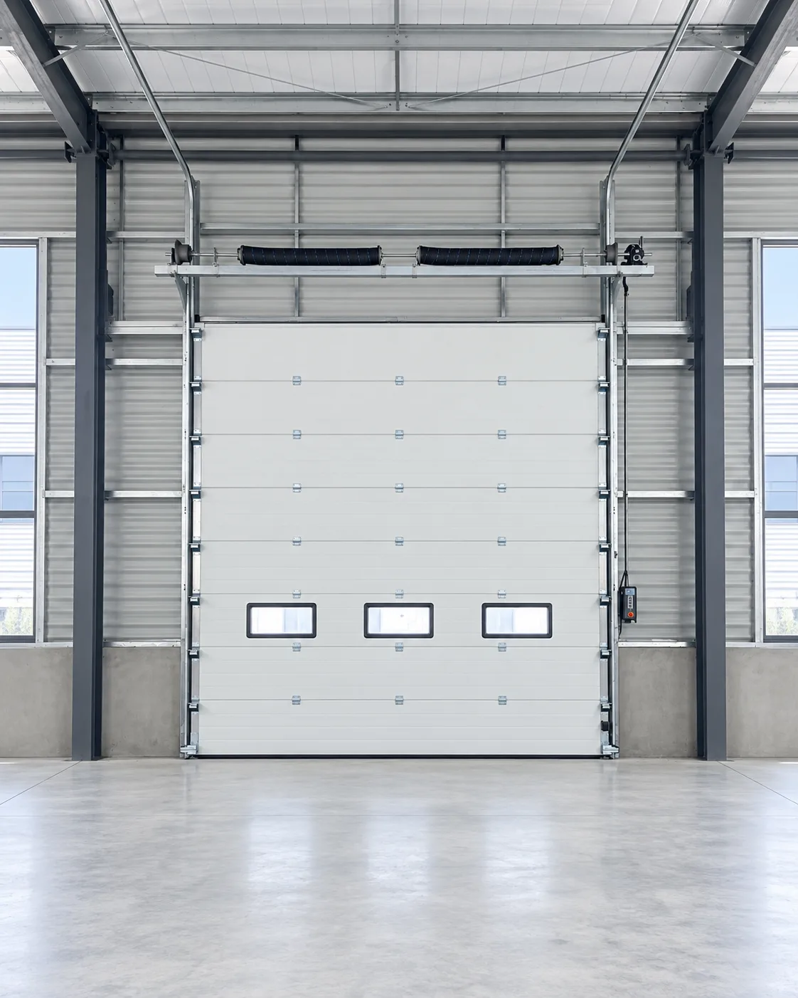 White sectional door with overhead tracks and lower vision windows