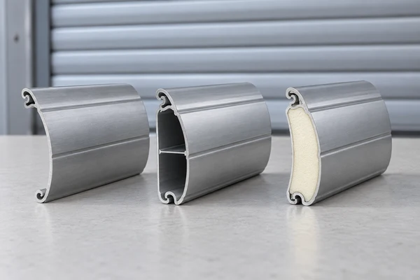 Aluminum roller shutter samples showing single skin, hollow double skin and foam-filled double skin slats