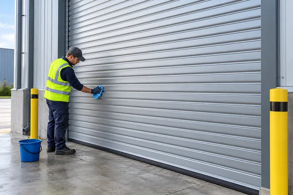 Illustration of a worker cleaning a closed aluminum roller shutter door with a soft cloth