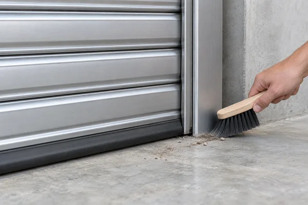Illustration of a soft brush removing loose debris beside an aluminum roller shutter guide and bottom seal