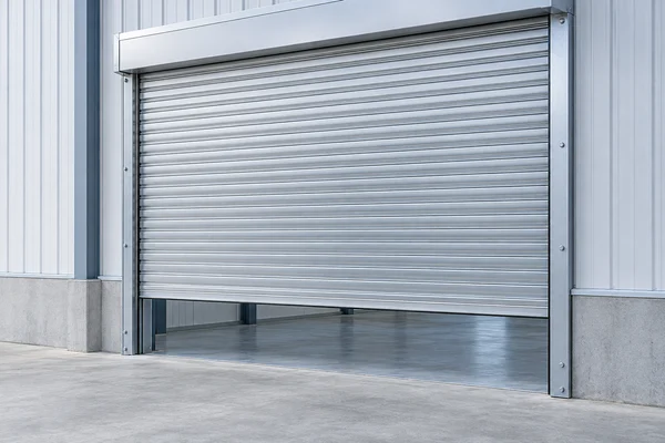 Illustration of an aluminum roller shutter stopped above a warehouse floor with a gap beneath the bottom rail