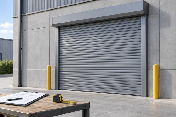 Planning commercial roller shutter doors with a tape measure and drawings beside a closed warehouse shutter
