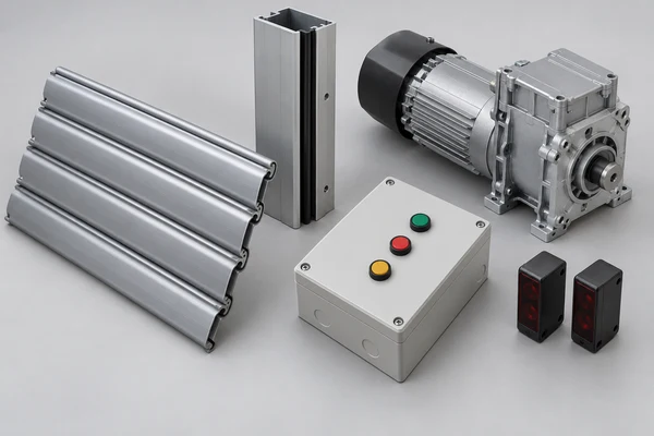 Illustrative roller shutter slats, guide rail, geared motor, control box and photoelectric sensors