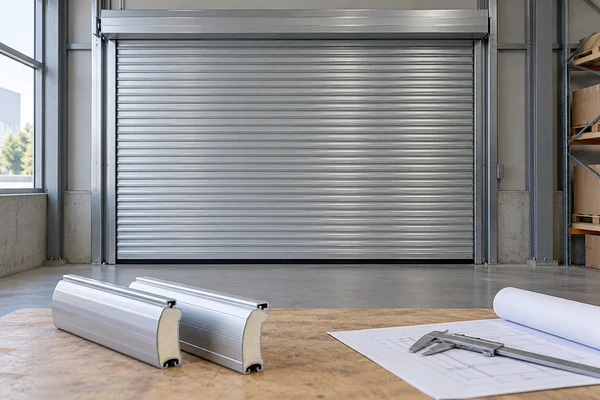 Closed aluminum roller shutter with guide rails and bottom seal, with foam-filled slat samples on a workbench
