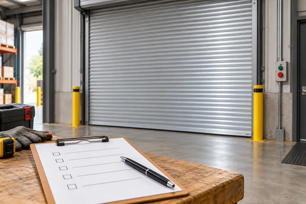 Illustration of a maintenance checklist and pen in front of a closed warehouse roller shutter