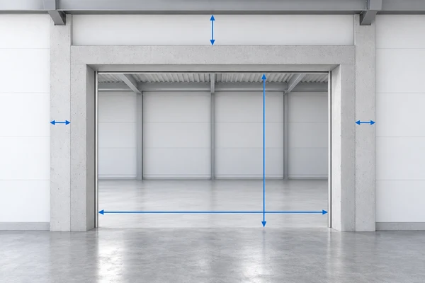 Warehouse opening with arrows showing clear width, clear height, headroom and space beside the jambs